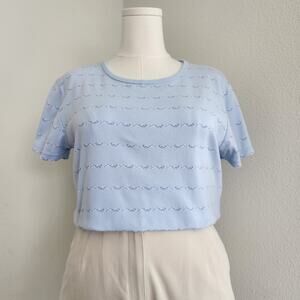 Y2K Eddie Bauer Pastel Blue Floral Embroidered Short Sleeve Cotton T-Shirt L